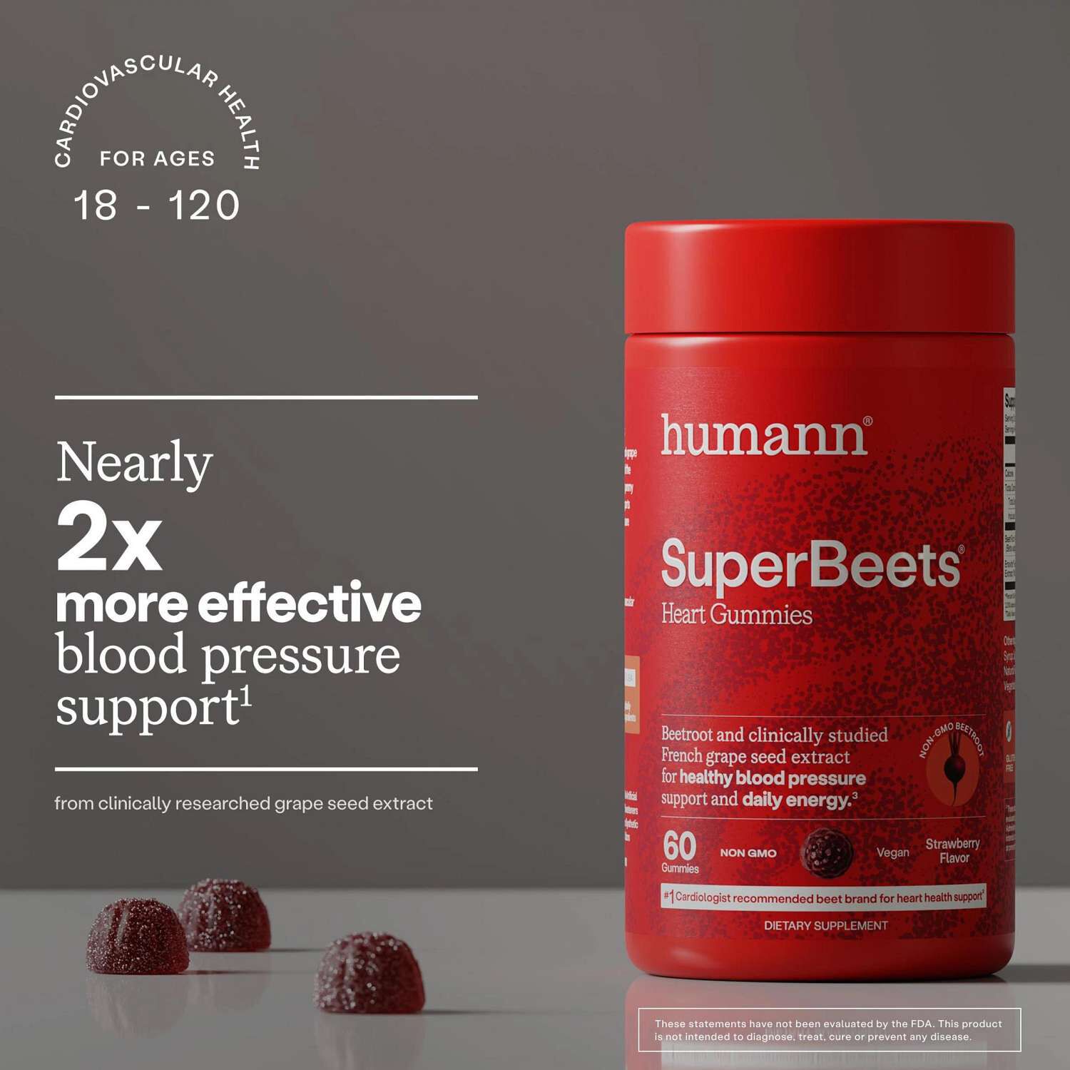SuperBeets Blood Pressure Support - Strawberry - 60 Gummies (30 Servings)